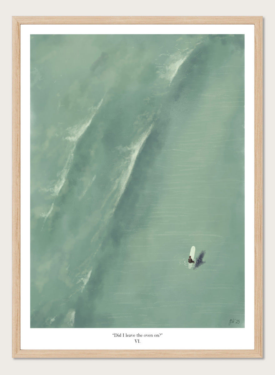A framed art print featuring a minimalist aerial illustration of a surfer on a large wave, with the caption &