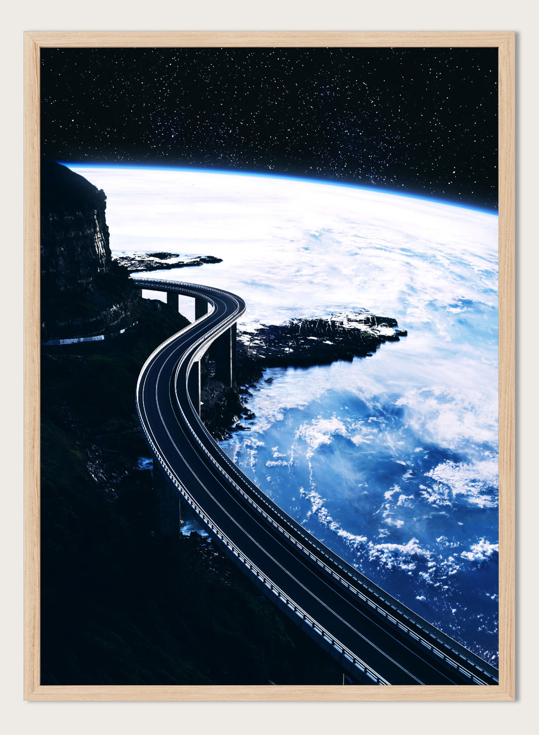 Artistic depiction of a road curving around the Earth with a starry night sky. Road To Infinity by Taudalpoi surreal space highway art print with winding road above Earth and starry sky, retro cosmic collage poster wall art.