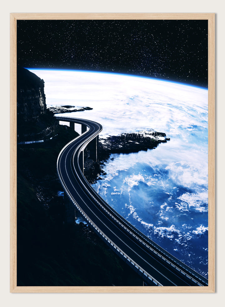 Artistic depiction of a road curving around the Earth with a starry night sky. Road To Infinity by Taudalpoi surreal space highway art print with winding road above Earth and starry sky, retro cosmic collage poster wall art.