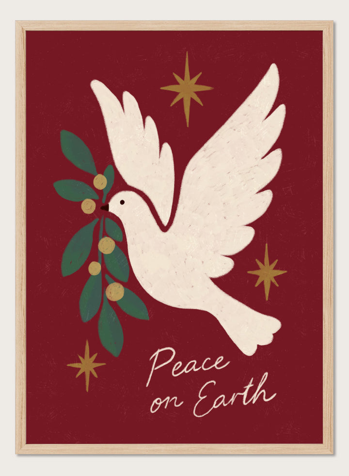 Shop Peace On Earth Dove by Katarzyna Gąsiorowska, a Christmas wall art print poster featuring a white peace dove, olive branch, stars, and festive holiday message.