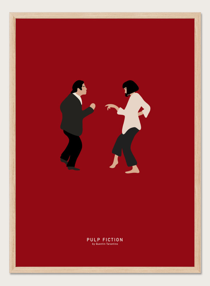 Minimalist illustration of two characters facing each other on a red background with 'Pulp Fiction' text. Minimalist dance illustration of two figures on a red background by Anne-Marie Volfova. Officially licensed modern art print with optional framing.