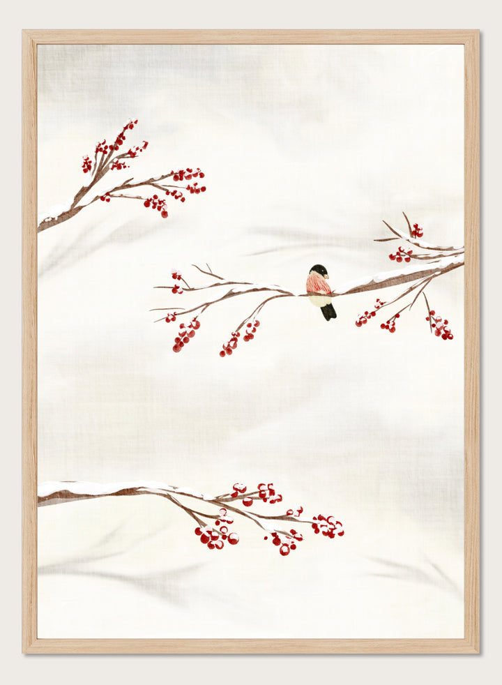 Shop Winter Bird With Berries by Nikita Jariwala, a winter bird wall art poster print featuring snowy branches, red berries, soft neutrals, and delicate seasonal detail.