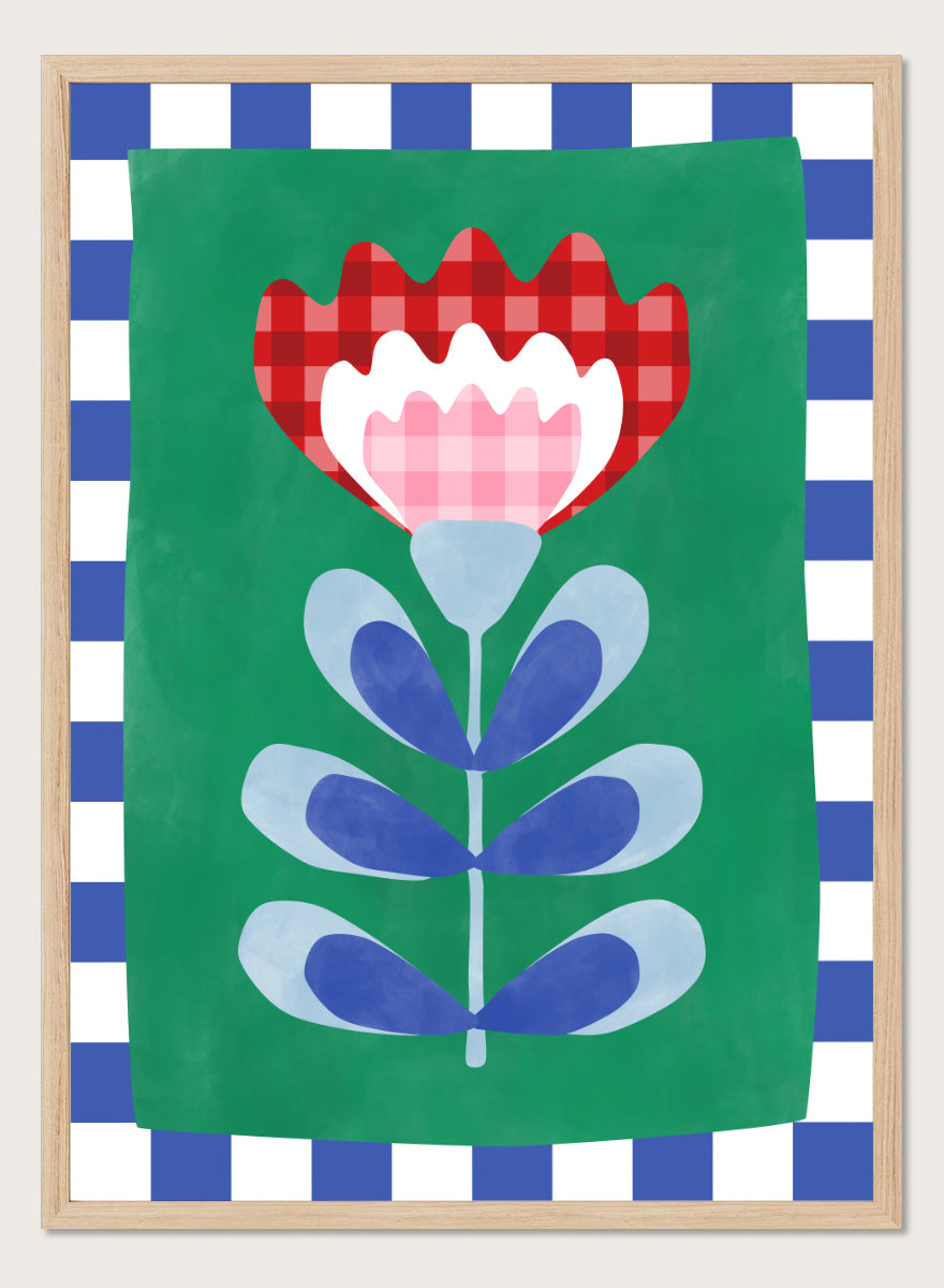 Shop Gingham Folk Flower by Elena Ristova, a colorful floral wall art print poster featuring gingham petals, checkerboard borders, and bold green, red, blue, and pink.