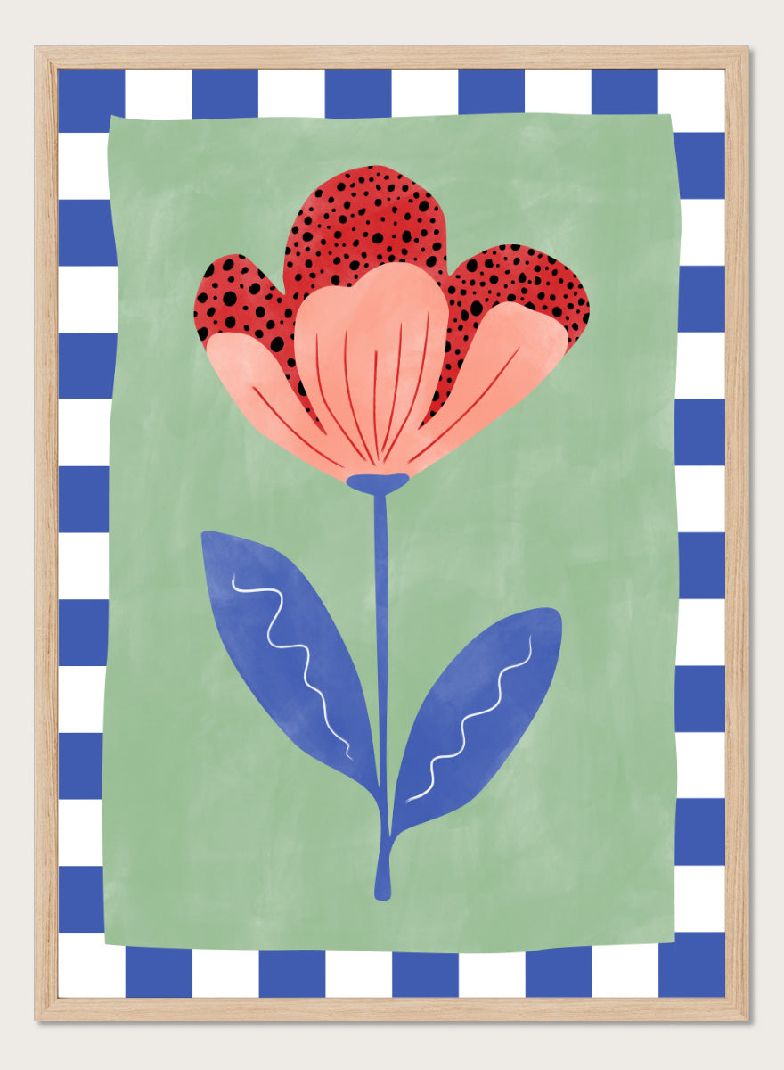 Shop Playful Red Bloom by Elena Ristova, a floral wall art print poster with a red flower, blue leaves, mint green background, and check border.