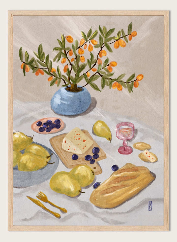 A still life painting of fruit and bread on a draped table, with pears, blueberries, a loaf of bread, cheese, a pink goblet, and a blue vase holding orange branches, all rendered in a soft painterly style. Shop Rustic Pears Still Life by Dirkie Nell, a colorful kitchen still life art print featuring pears, bread, cheese, blueberries, orange berries, and a blue vase.