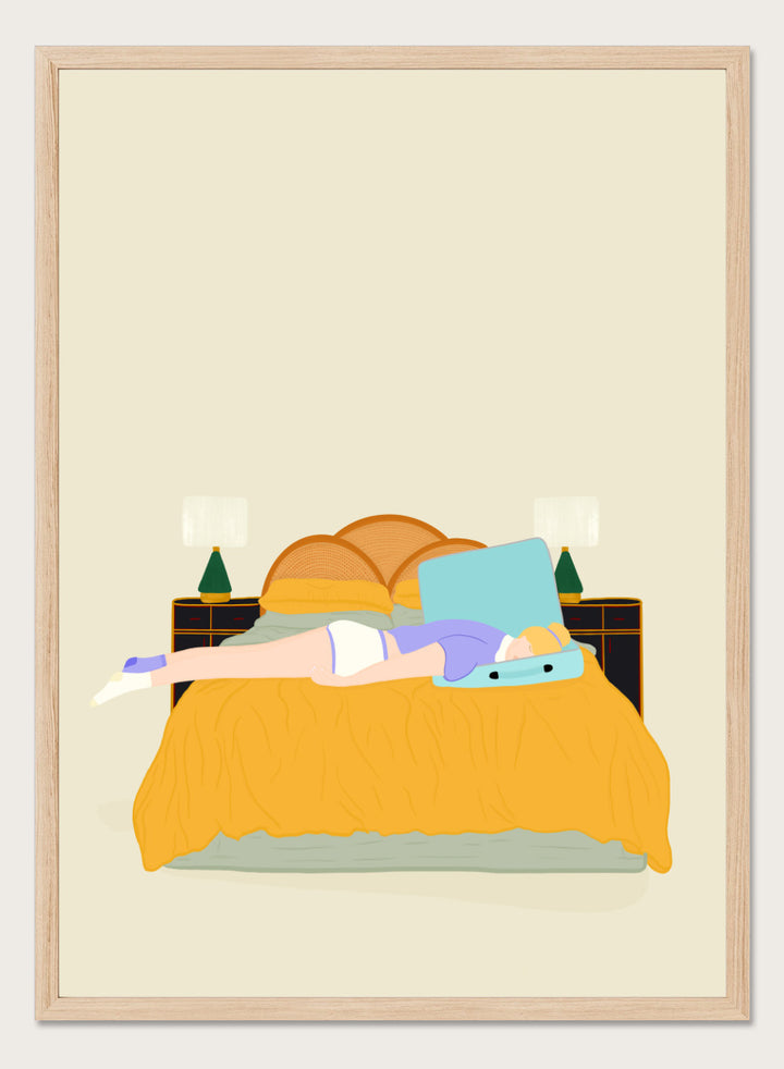 Illustration of a person lying in bed with a blue pillow and yellow blanket on a beige background. Digital Nomad by Jota de Jai is a calm modern art print of a woman resting on a bed with an open suitcase, officially licensed fine art wall poster with framing available.