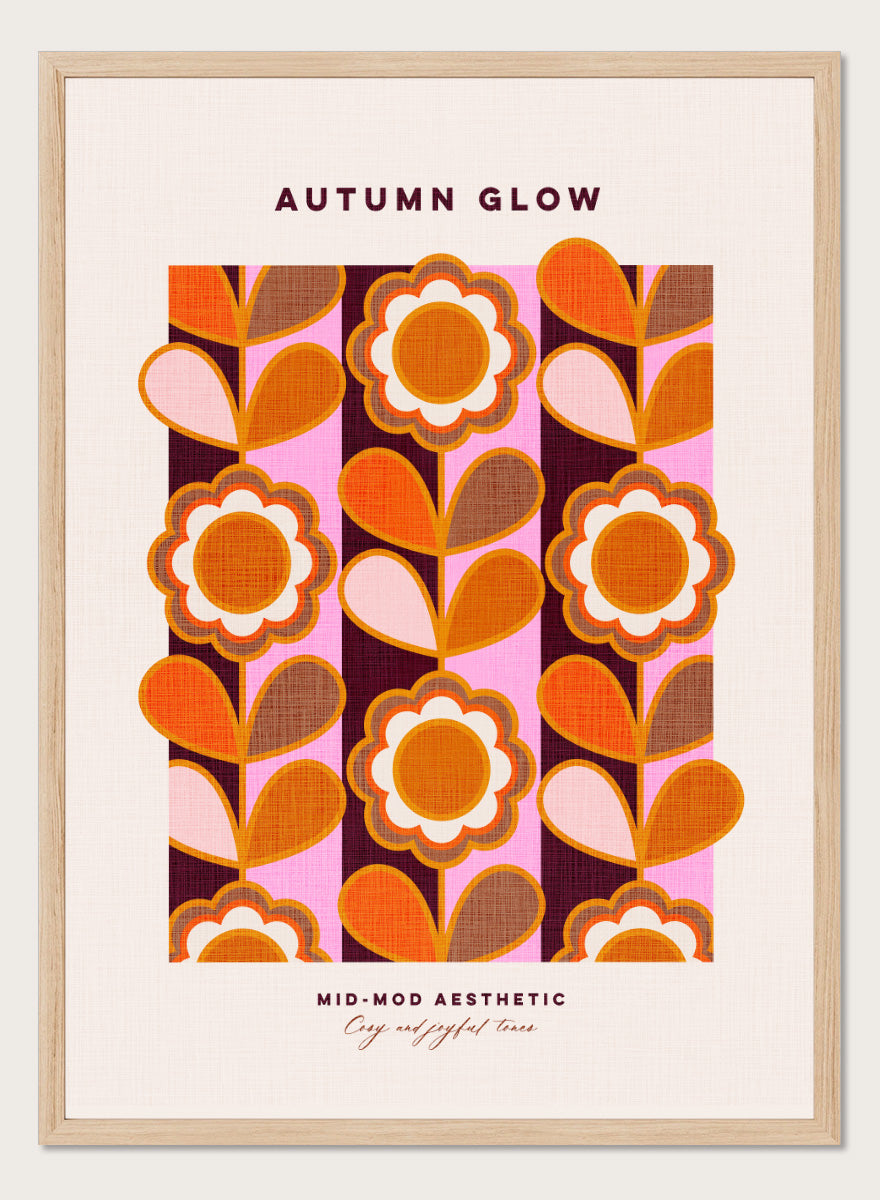 Shop Mid-Mod Autumn Glow by Dominique Vari, a retro floral wall art print poster featuring bold flowers, striped patterns, and warm orange, pink, brown, and burgundy tones.