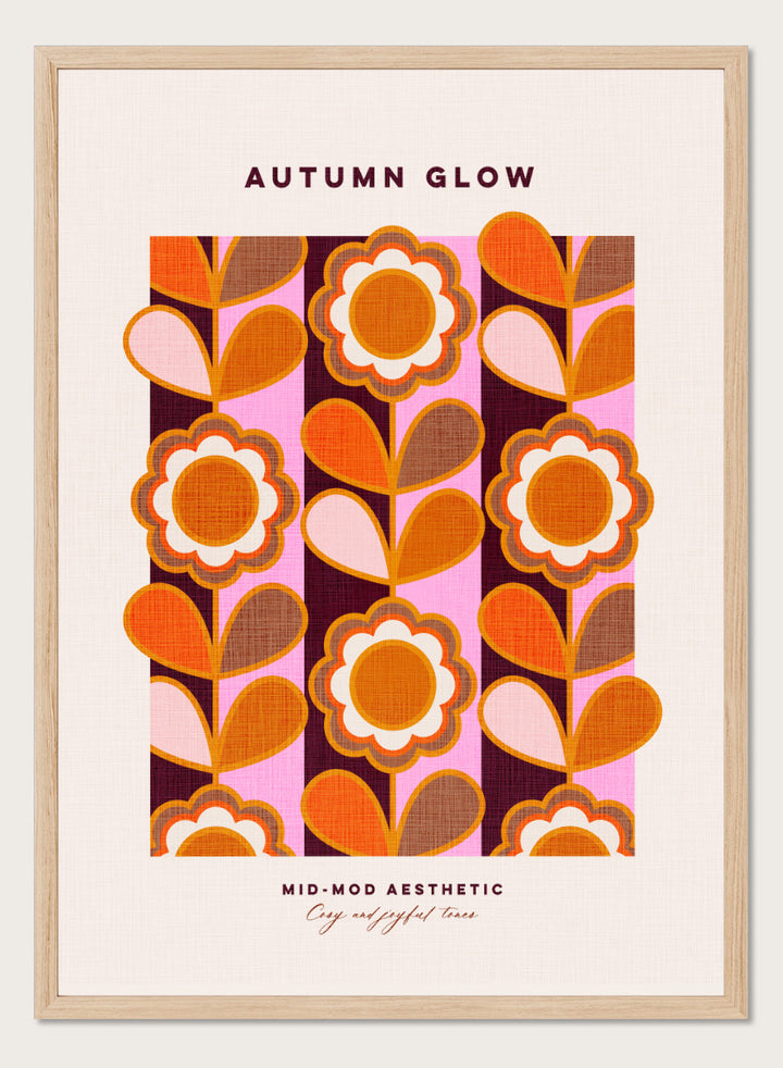 Shop Mid-Mod Autumn Glow by Dominique Vari, a retro floral wall art print poster featuring bold flowers, striped patterns, and warm orange, pink, brown, and burgundy tones.