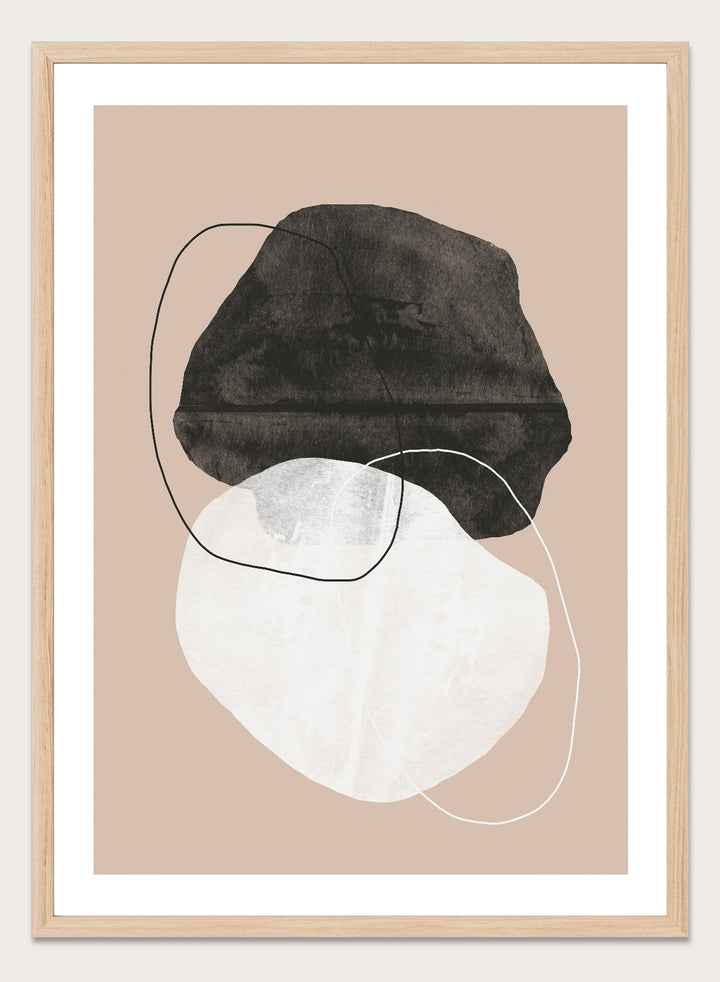 Abstract art piece with a black shape and white circle on a beige background. Earthy Abstractions by The MIUUS Studio is a minimalist abstract art print and wall poster featuring organic shapes, neutral tones, and modern textured design.