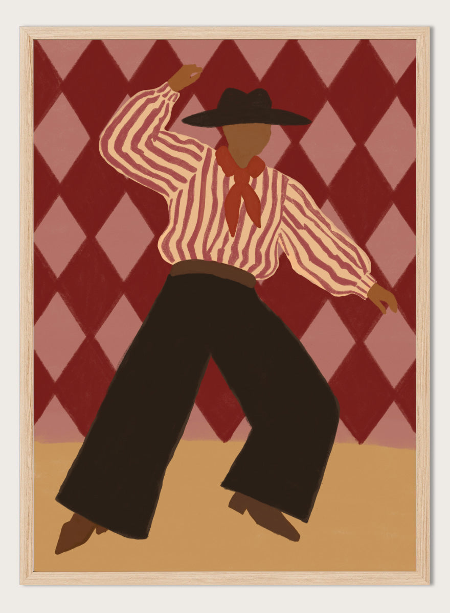 A stylized illustration of a person in a cowboy hat, striped shirt, and dark pants dancing against a red and pink diamond-patterned background. Retro Dance Character by The Art Concept art print with a dancing figure, striped shirt, red scarf, harlequin background, and retro color palette.