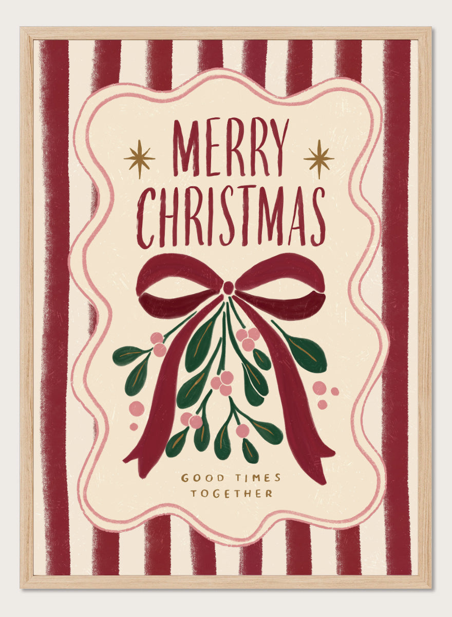 Shop Merry Christmas Mistletoe by Katarzyna Gąsiorowska, a Christmas wall art print poster featuring mistletoe, a red bow, festive stripes, and vintage holiday typography.