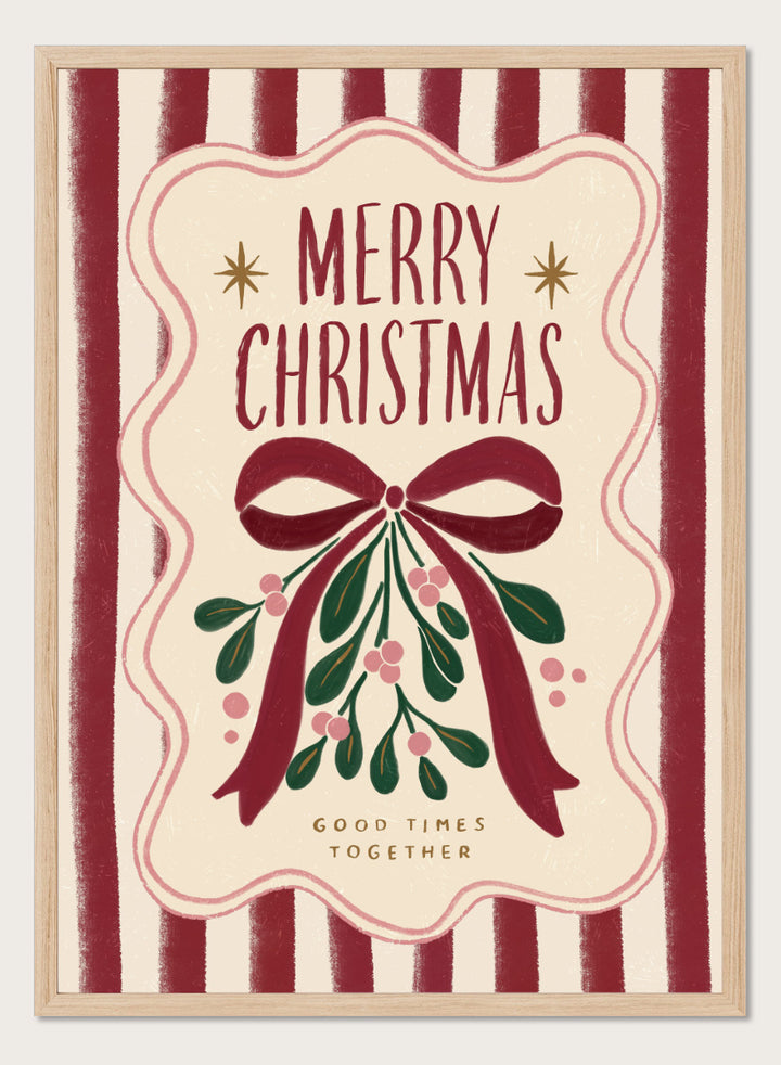 Shop Merry Christmas Mistletoe by Katarzyna Gąsiorowska, a Christmas wall art print poster featuring mistletoe, a red bow, festive stripes, and vintage holiday typography.