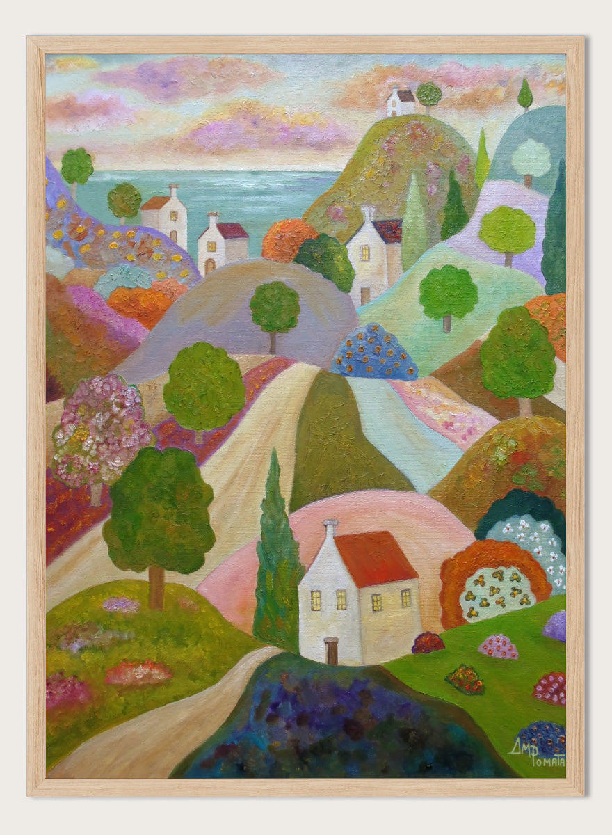 Angeles M. Pomata - Vibrant Coastal Village Art Print