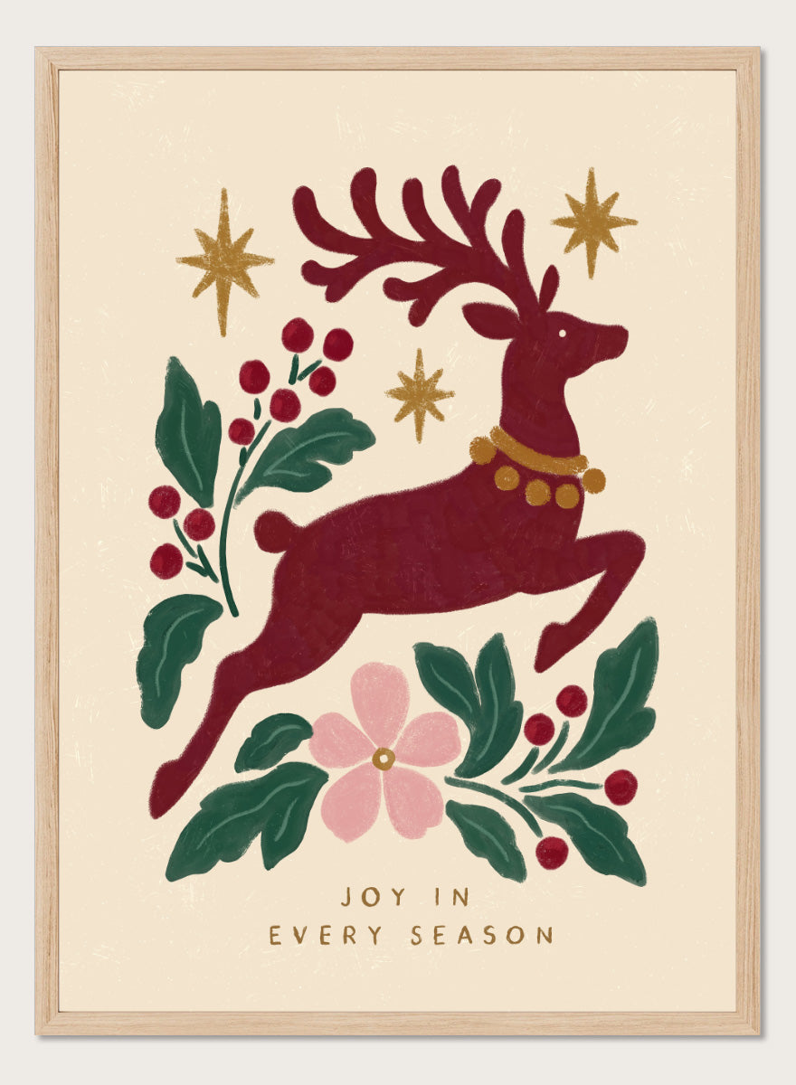 Shop Jumping Reindeer Joy by Katarzyna Gąsiorowska, a Christmas wall art print poster featuring a leaping reindeer, berries, greenery, stars, and festive holiday charm.