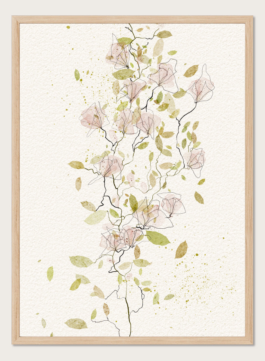 A framed botanical art print featuring delicate watercolor flowers and leaves in soft pink, sage green, and olive tones on a textured off-white background. Shop Ethereal Pink Blooms by Ankie Kooi, a floral wall art print poster with pink watercolor flowers, botanical line art, climbing branches, and spring florals.