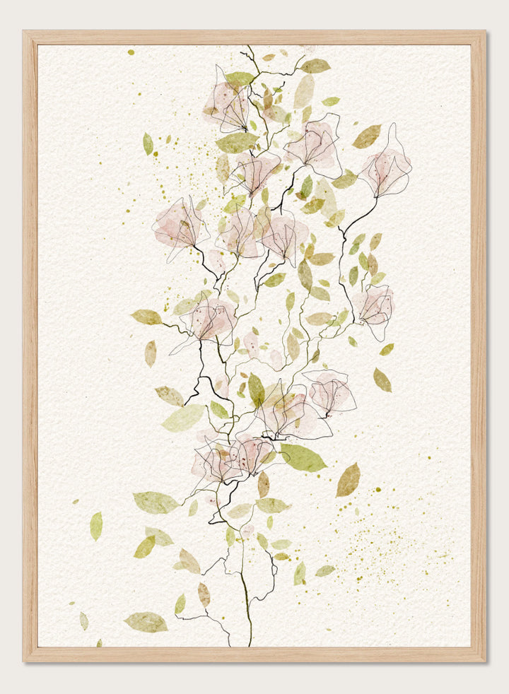 A framed botanical art print featuring delicate watercolor flowers and leaves in soft pink, sage green, and olive tones on a textured off-white background. Shop Ethereal Pink Blooms by Ankie Kooi, a floral wall art print poster with pink watercolor flowers, botanical line art, climbing branches, and spring florals.