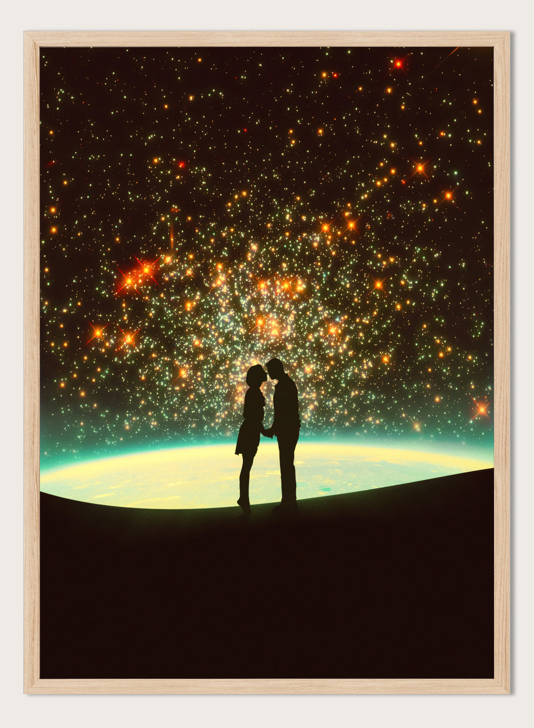 Silhouette of a couple against a starry night sky with Earth in the background. A Cosmic Kiss by Taudalpoi romantic couple silhouette art print with glowing stars and cosmic horizon surreal poster wall art.
