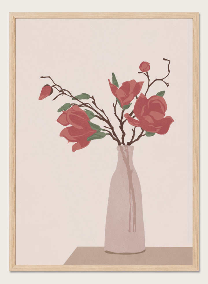 Vase with red flowers on a beige background. Vase by Flow Line is a modern still life art print featuring soft pink flowers in a ceramic vase. A warm, minimal wall poster from the It’s All Love collection.