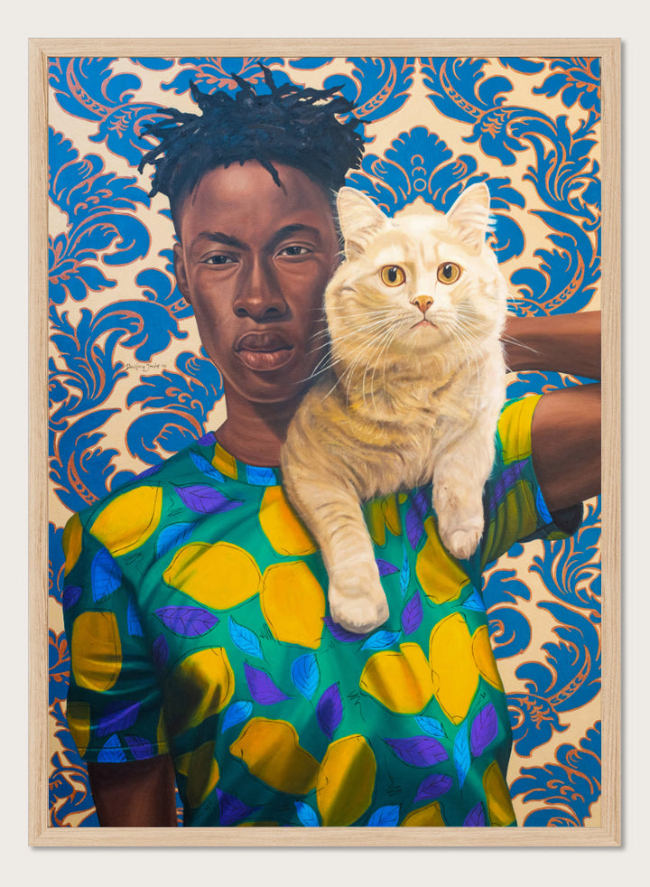 A stylized portrait artwork of a person holding a white cat, set against a blue and beige damask pattern background. Shop Man and Cat Portrait by Nigerian artist Damilare Jamiu, a contemporary portrait art print with a cream cat, bold fashion, and rich green and blue tones.