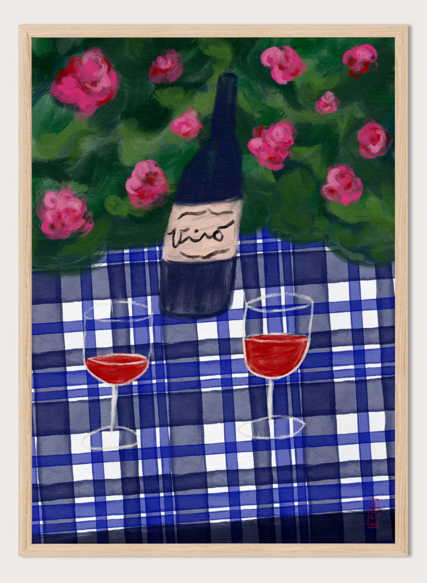 A painted still life scene featuring a dark wine bottle labeled &