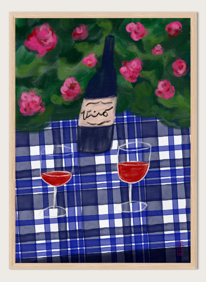 A painted still life scene featuring a dark wine bottle labeled &