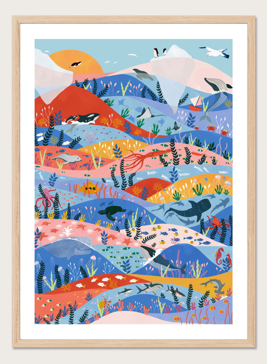 A colorful illustrated art print featuring stylized mountains, sea life, and coastal scenery in layered wavy bands of blue, pink, orange, yellow, and green. Vibrant Ocean Life by Ceyda Alasar ocean art print featuring whales, sharks, rays, turtles, coral reefs, sea plants, and colorful marine life.
