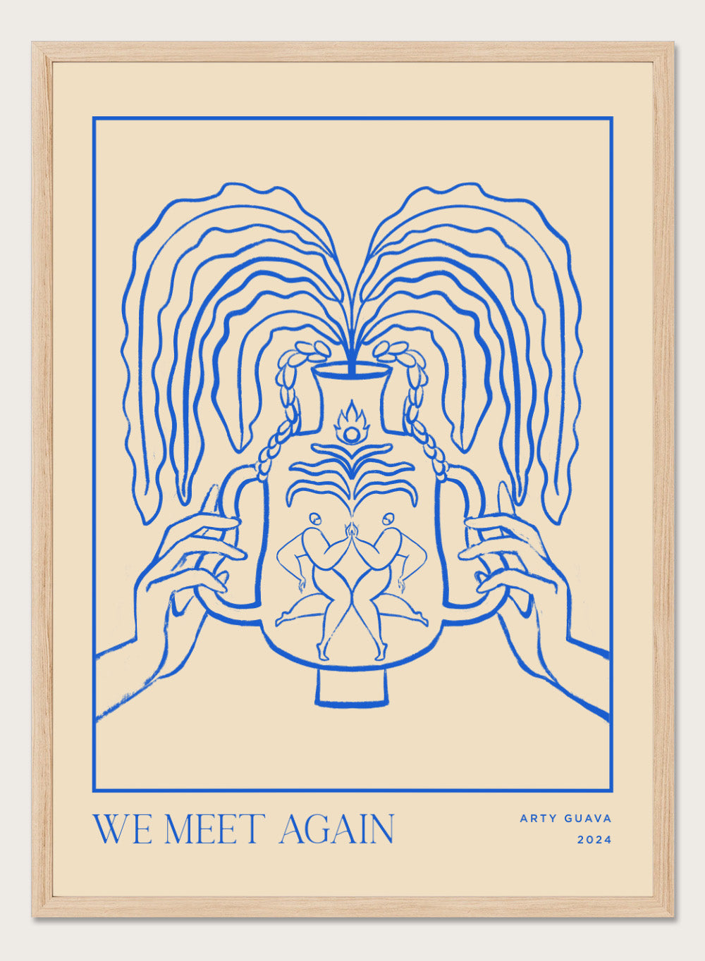 Artistic depiction of hands holding a vase with flowing hair, titled 'We Meet Again' by Arty Guava. Vessel Collection: We Meet Again by Arty Guava art print, modern line wall poster with a decorative vase design, contemporary minimalist artwork.