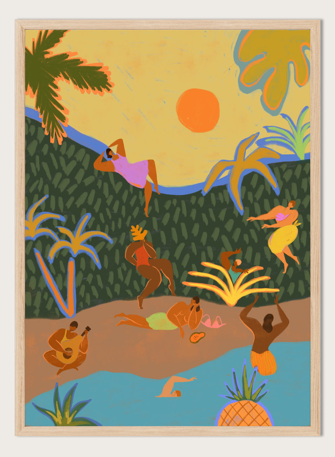 A colorful tropical beach illustration featuring stylized figures relaxing on a sandy shore, swimming in blue water, lounging under palm trees, with a yellow sky and orange sun. Summer Paradise by Arty Guava premium framed fine art print featuring women swimming, dancing, and relaxing in a vibrant tropical landscape.