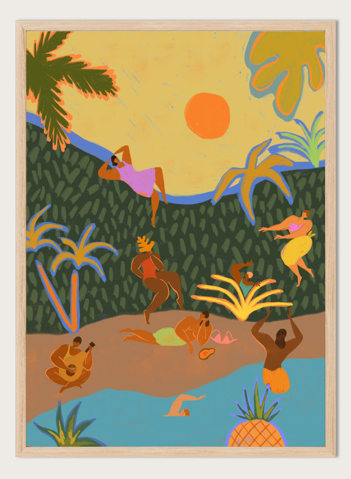 A colorful tropical beach illustration featuring stylized figures relaxing on a sandy shore, swimming in blue water, lounging under palm trees, with a yellow sky and orange sun. Summer Paradise by Arty Guava premium framed fine art print featuring women swimming, dancing, and relaxing in a vibrant tropical landscape.