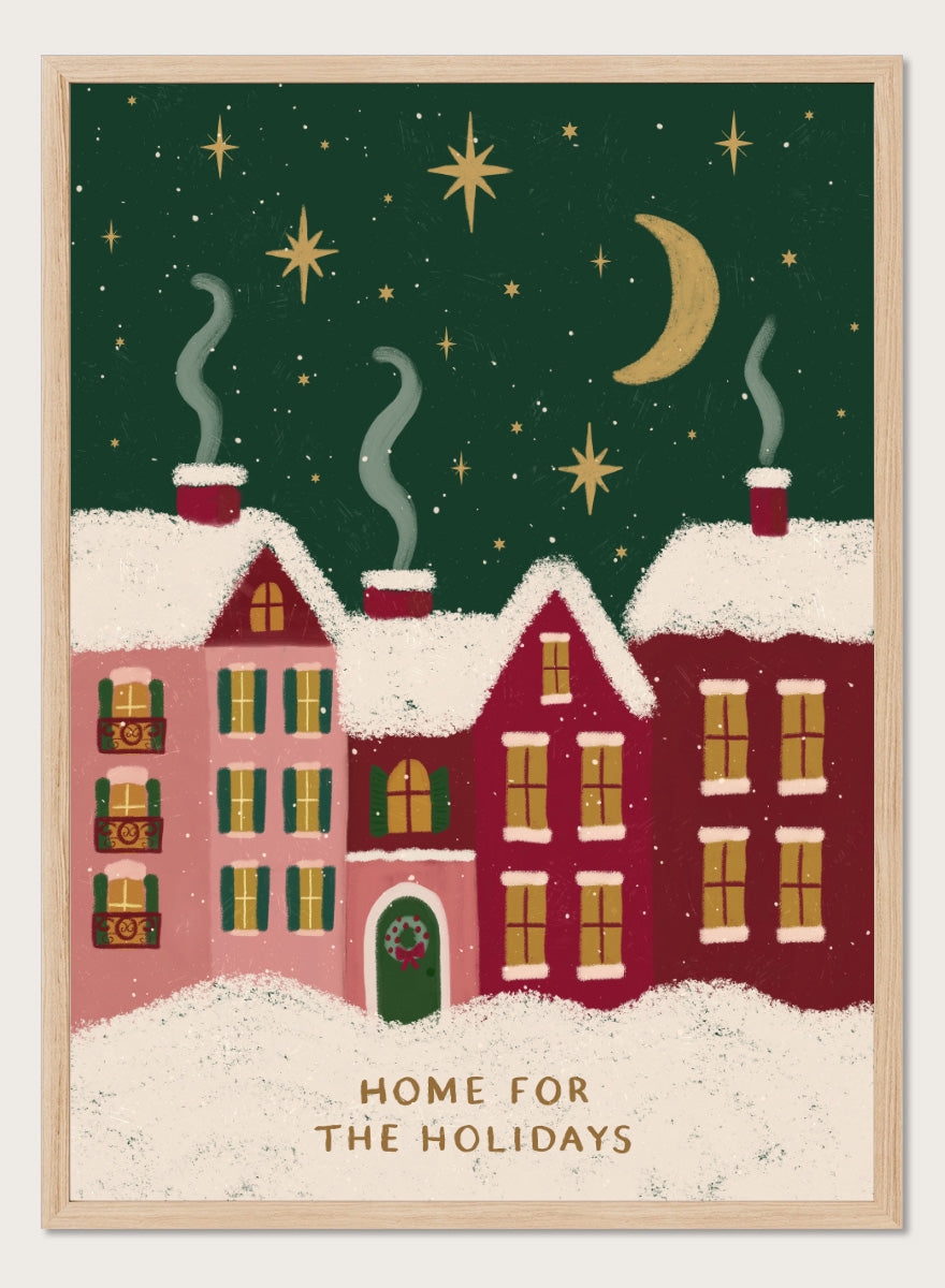 Shop Home For The Holidays by Katarzyna Gąsiorowska, a Christmas wall art print poster featuring snowy houses, glowing windows, stars, and a cozy winter village scene.