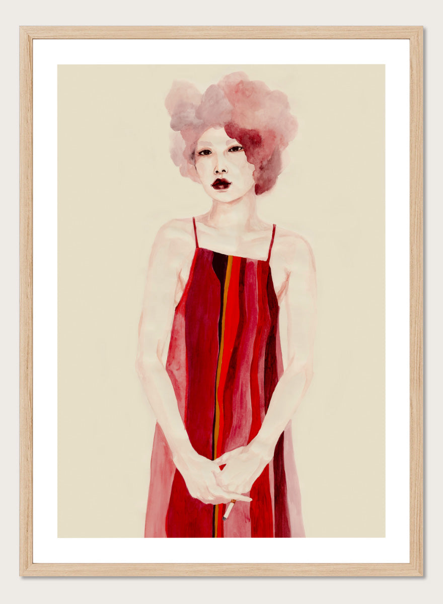 Shop Red Dress Portrait by Sophia Novosel, a modern female portrait wall art print poster featuring a woman in a red striped dress with soft pink hair.