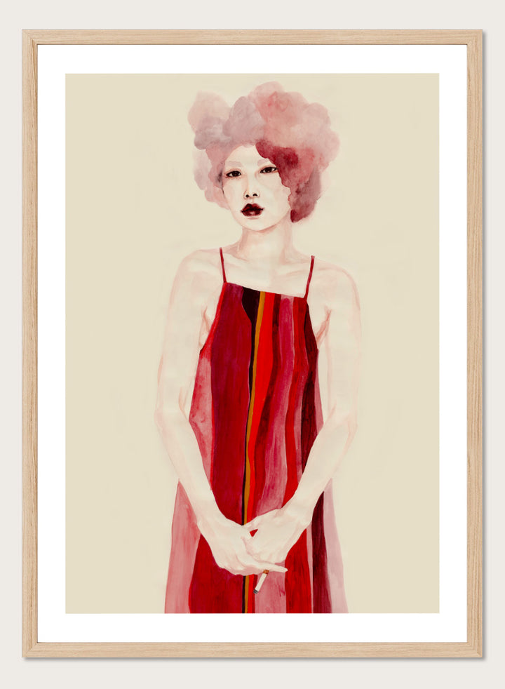 Shop Red Dress Portrait by Sophia Novosel, a modern female portrait wall art print poster featuring a woman in a red striped dress with soft pink hair.