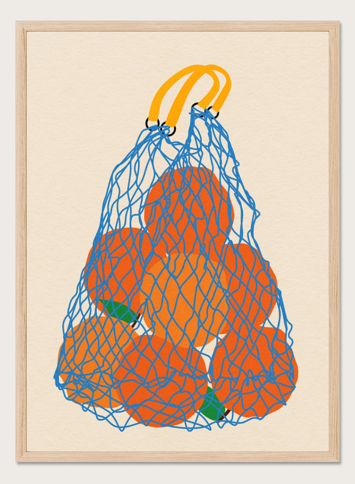 Blue mesh bag filled with orange fruits on a beige background. Oranges In a Net Bag by Rosi Feist is a modern minimalist fruit art print with bold color and Bauhaus-inspired graphic design. Officially licensed fine art poster with framing.