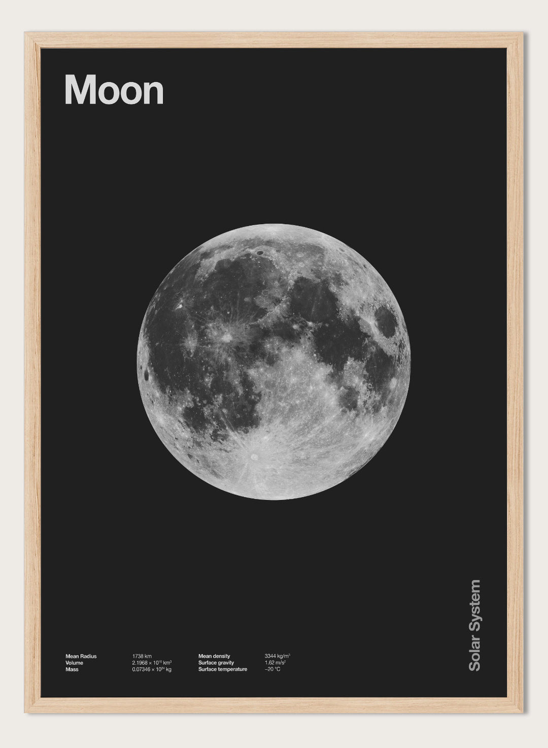 Poster of the moon with 'Moon' text at the top and 'Solar System' text at the bottom. The Full Moon by Florent Bodart is a minimalist space art print with detailed lunar surface, a modern black wall poster inspired by astronomy and science design.