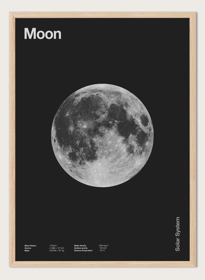 Poster of the moon with 'Moon' text at the top and 'Solar System' text at the bottom. The Full Moon by Florent Bodart is a minimalist space art print with detailed lunar surface, a modern black wall poster inspired by astronomy and science design.