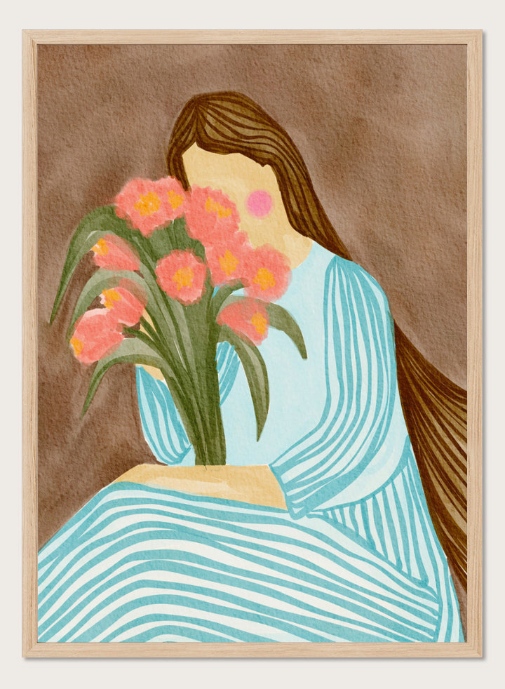 A stylized art print depicting a woman with long brown hair in a light blue striped dress holding a bouquet of pink tulips, set against a textured brown background. Shy Woman Pink Tulips by Nikita Jariwala, a figurative wall art print poster with pink tulips, blue dress illustration, and romantic floral decor.