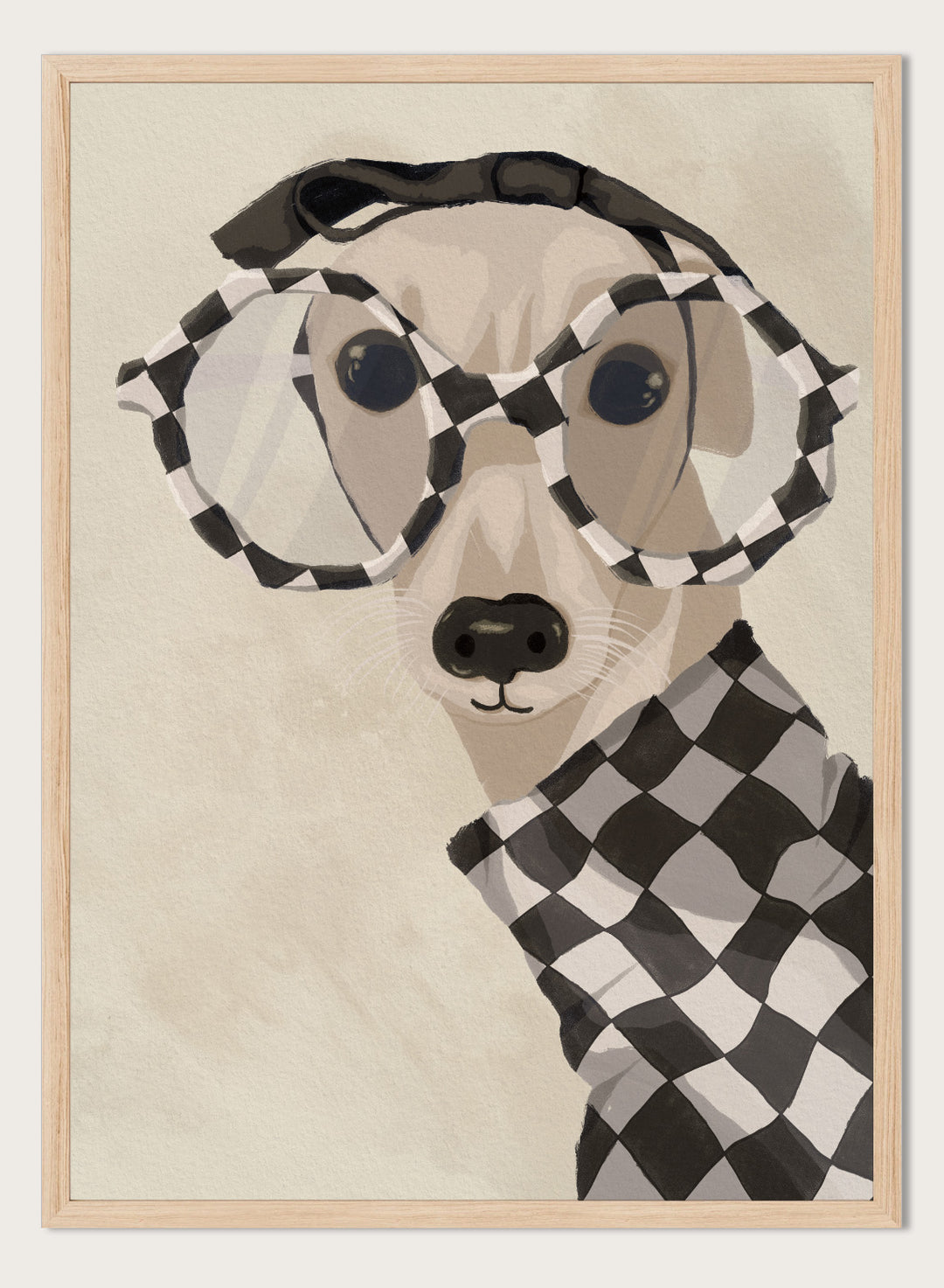 Chic Greyhound in Glasses by Lisa Solomoniuk premium framed fine art print featuring a greyhound in oversized checkered glasses and a matching sweater.