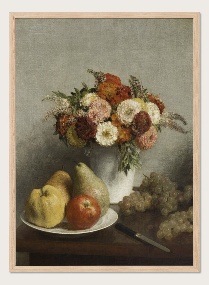 Shop Flowers and Fruit by Henri Fantin-Latour, a vintage still life wall art print poster featuring flowers, pears, apples, and grapes in warm brown tones.