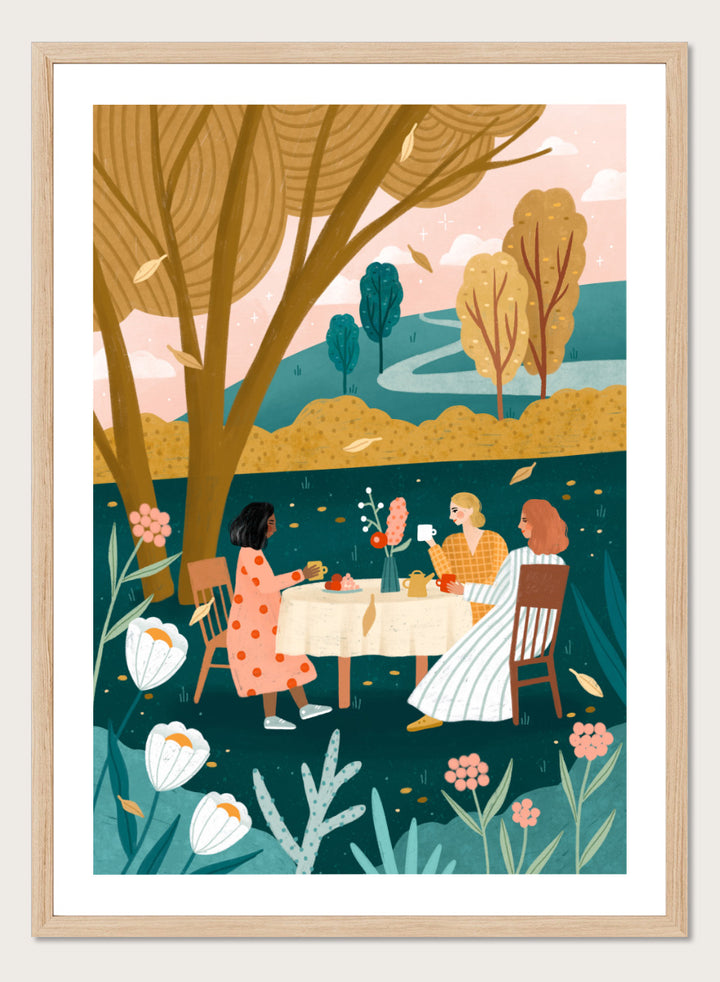 Shop Autumn Tea Party by Bea Müller, a figurative wall art print poster featuring three friends sharing tea in a garden surrounded by warm green autumn scenery.