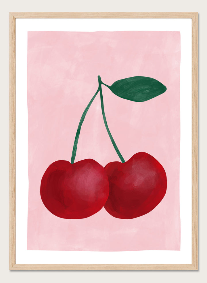 Two red cherries with a green stem on a pink background. Red cherries art print by Elena Ristova featuring two hand-painted cherries with green stems on a soft pink background. Officially licensed minimalist wall poster.
