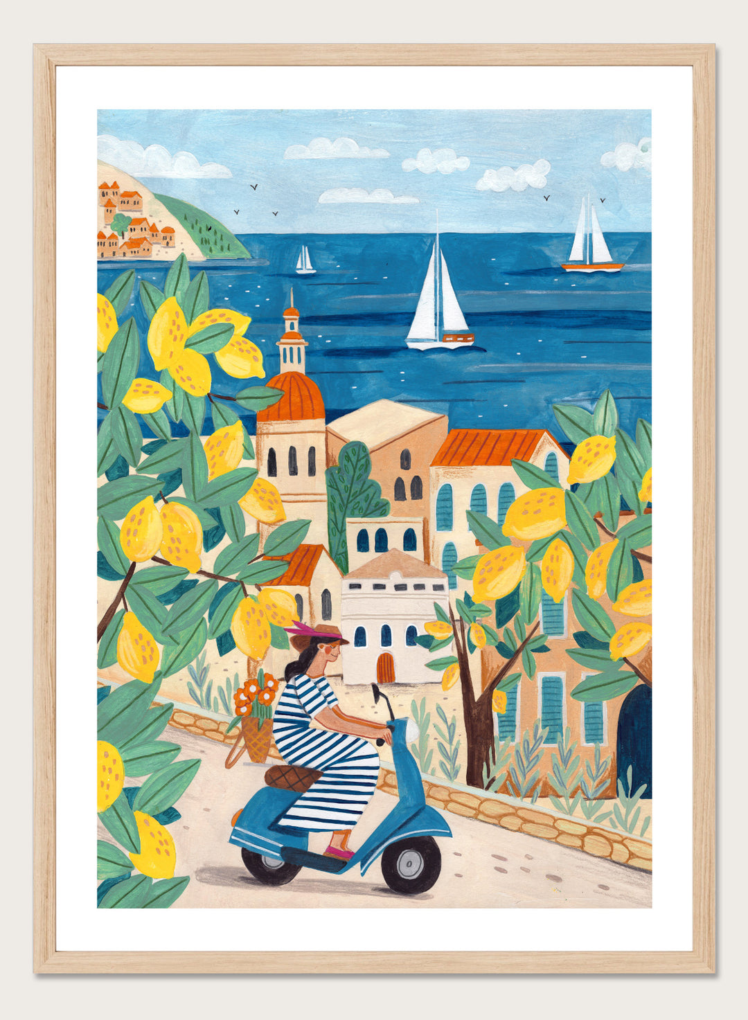 Illustration of a woman on a scooter with lemon trees and a coastal town in the background. Lemon Grove Scooter Ride by Caroline Bonne Müller summer coastal illustration art print with lemons, scooter and seaside town, colorful wall art poster
