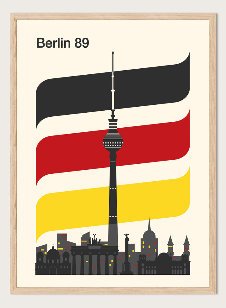 A minimalist travel poster for Berlin 1989, featuring the Fernsehturm TV tower and city skyline against a cream background, with stylized German flag stripes in black, white, red, and yellow. Berlin 89 German Skyline by Retrodrome travel art print featuring the Fernsehturm, Berlin skyline, German flag colors, and bold retro poster design.