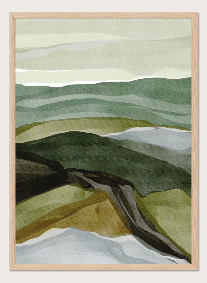 Shop Serene Green Landscape by Nikita Jariwala, a modern abstract landscape art print featuring layered hills, rolling countryside, and soft green, olive, gray, and blue tones.