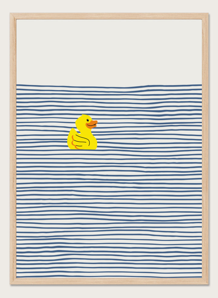 Yellow Duck Afloat art print by Little Dean. Playful duck illustration with blue ocean stripes, modern minimalist wall art, contemporary poster design.
