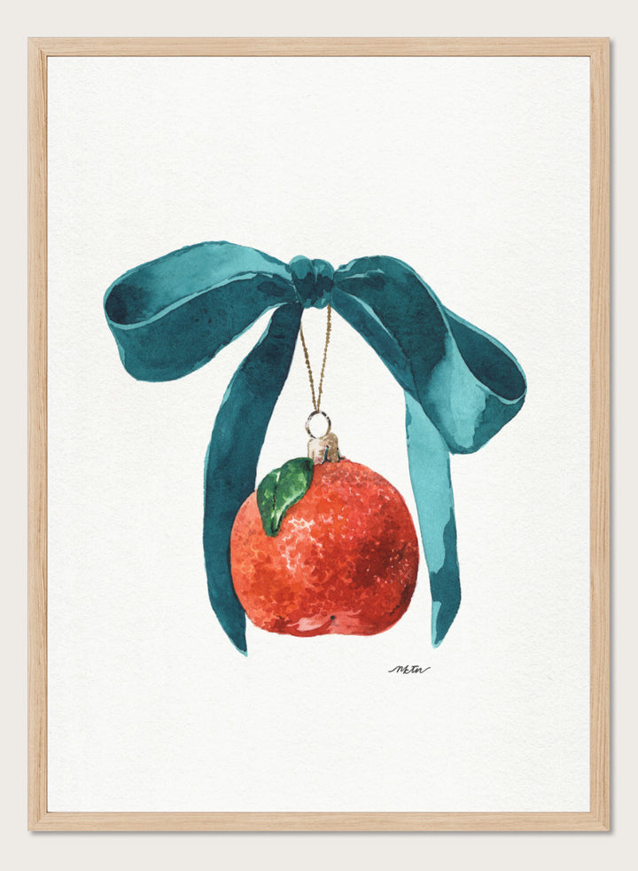 Shop Festive Tangerine Ornament by NKTN, a playful Christmas wall art print poster featuring a bright tangerine, oversized teal bow, and watercolor holiday style.