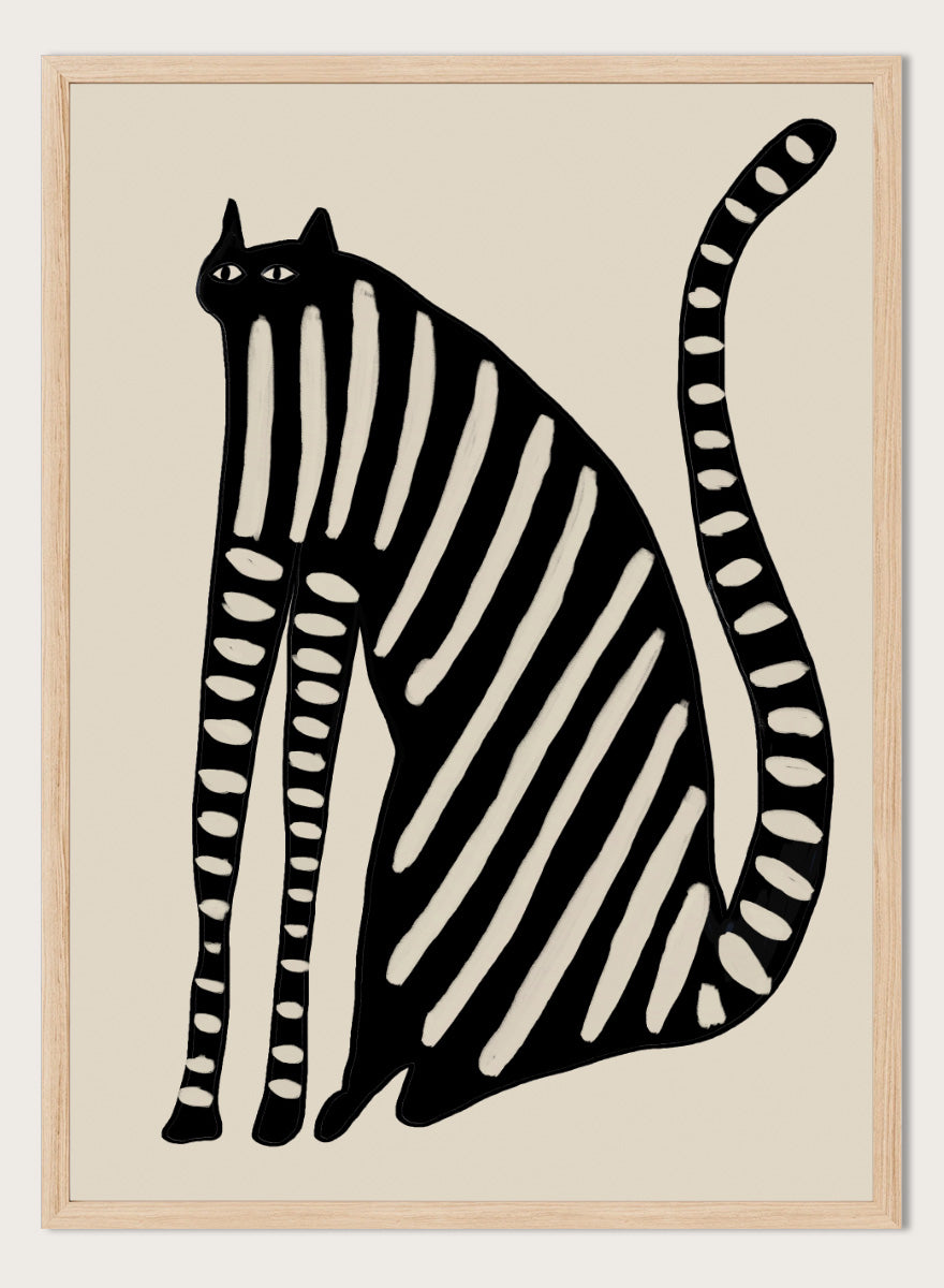 Striped Black Cat by The Art Concept playful cat art print featuring an elongated black cat with cream stripes, long legs, and an oversized curved tail.