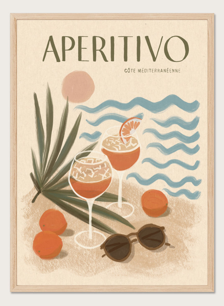 A travel-style poster reading “APERITIVO” with “CÓTE MEDITERRANÉENNE” beneath it, showing illustrated cocktails, citrus fruits, palm leaves, blue ocean waves, and sunglasses on a warm beige background.Aperitivo Beach Day by Katarzyna Gąsiorowska Mediterranean art print featuring spritz cocktails, oranges, sunglasses, and vintage coastal style.