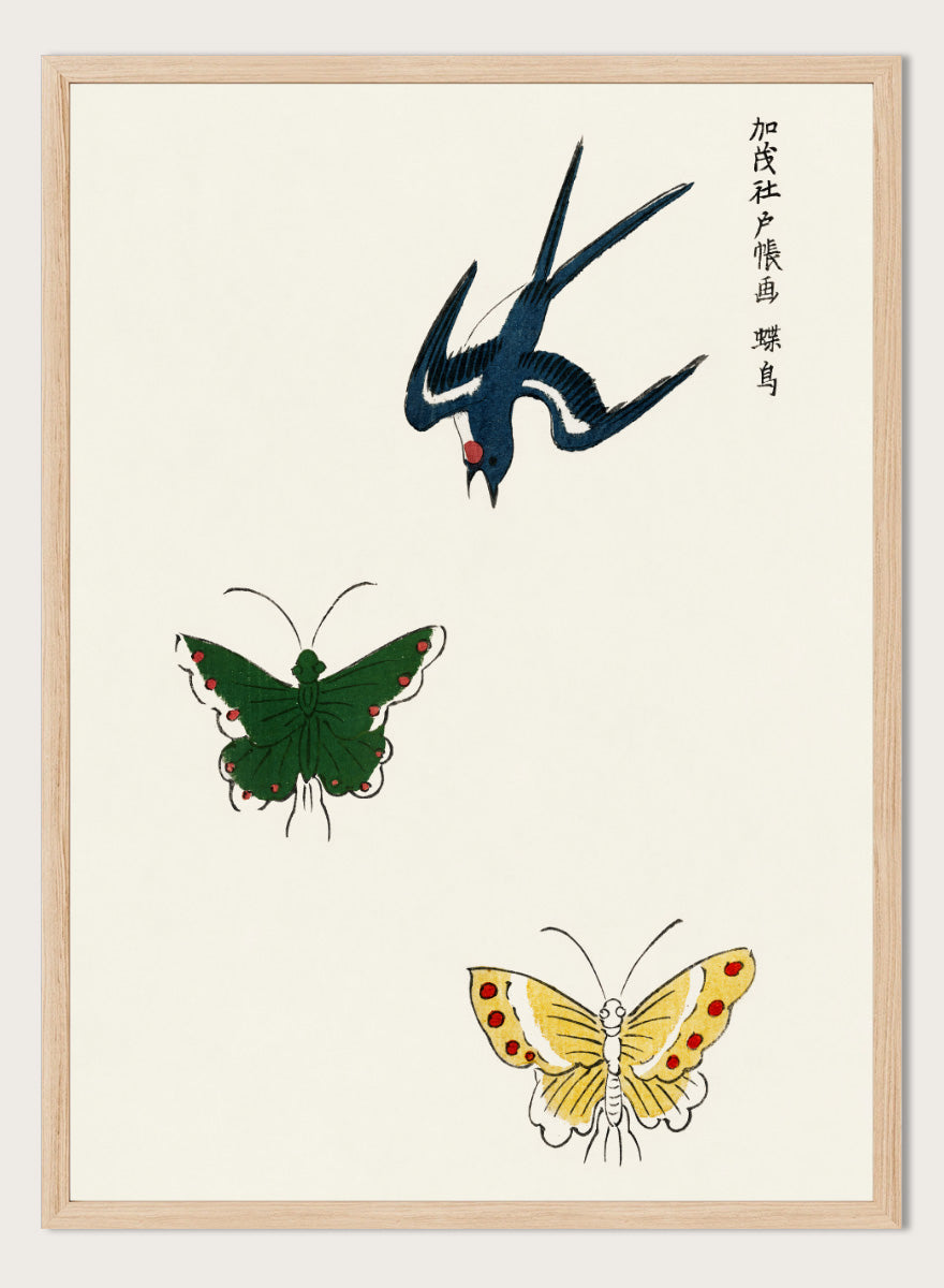 Swallow and Butterflies by Taguchi Tomoki from Yatsuo no Tsubaki is a vintage Japanese woodblock art print featuring a blue swallow and colorful butterflies on warm ivory.