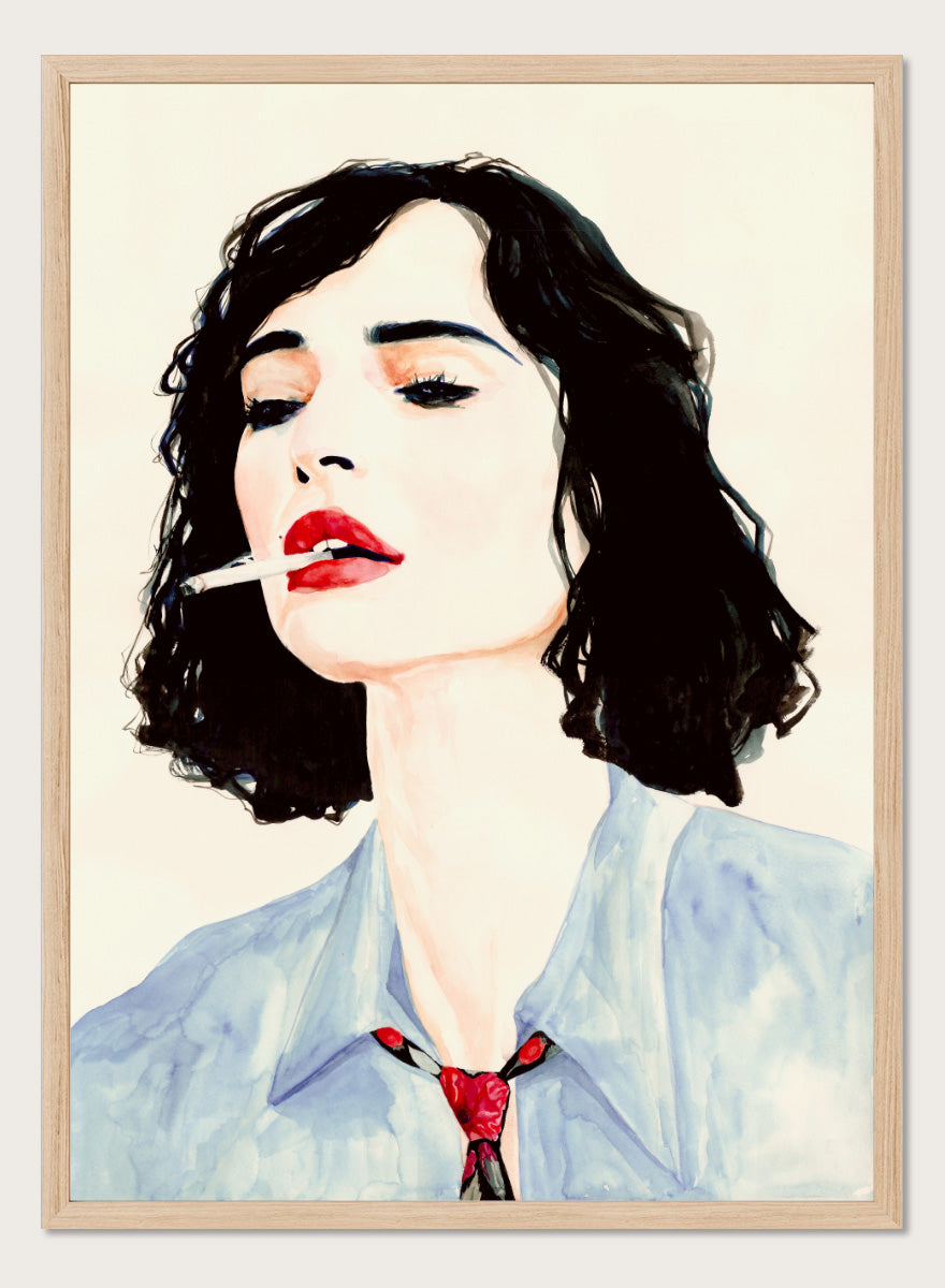 Shop Chic Woman with Cigarette by Sophia Novosel, a modern female portrait wall art print poster featuring dark hair, red lips, a blue shirt, and bold fashion styling.