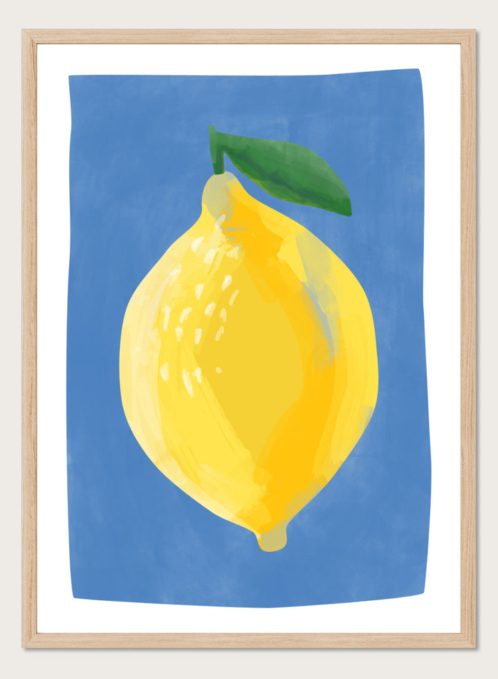 Shop Bright Yellow Lemon by Elena Ristova, a colorful lemon wall art print poster featuring an oversized yellow fruit, green leaf, and vivid blue background.